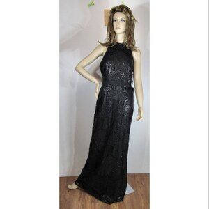 Adrianna Papell Sequin Embellished Black Halter Neck Maxi Gown Womens Size US 12